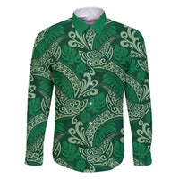 Forest Green Monstera Family Matching Off The Shoulder Long Sleeve Dress and Hawaiian Shirt Polynesian Tribal Pattern - Polynesian Pride