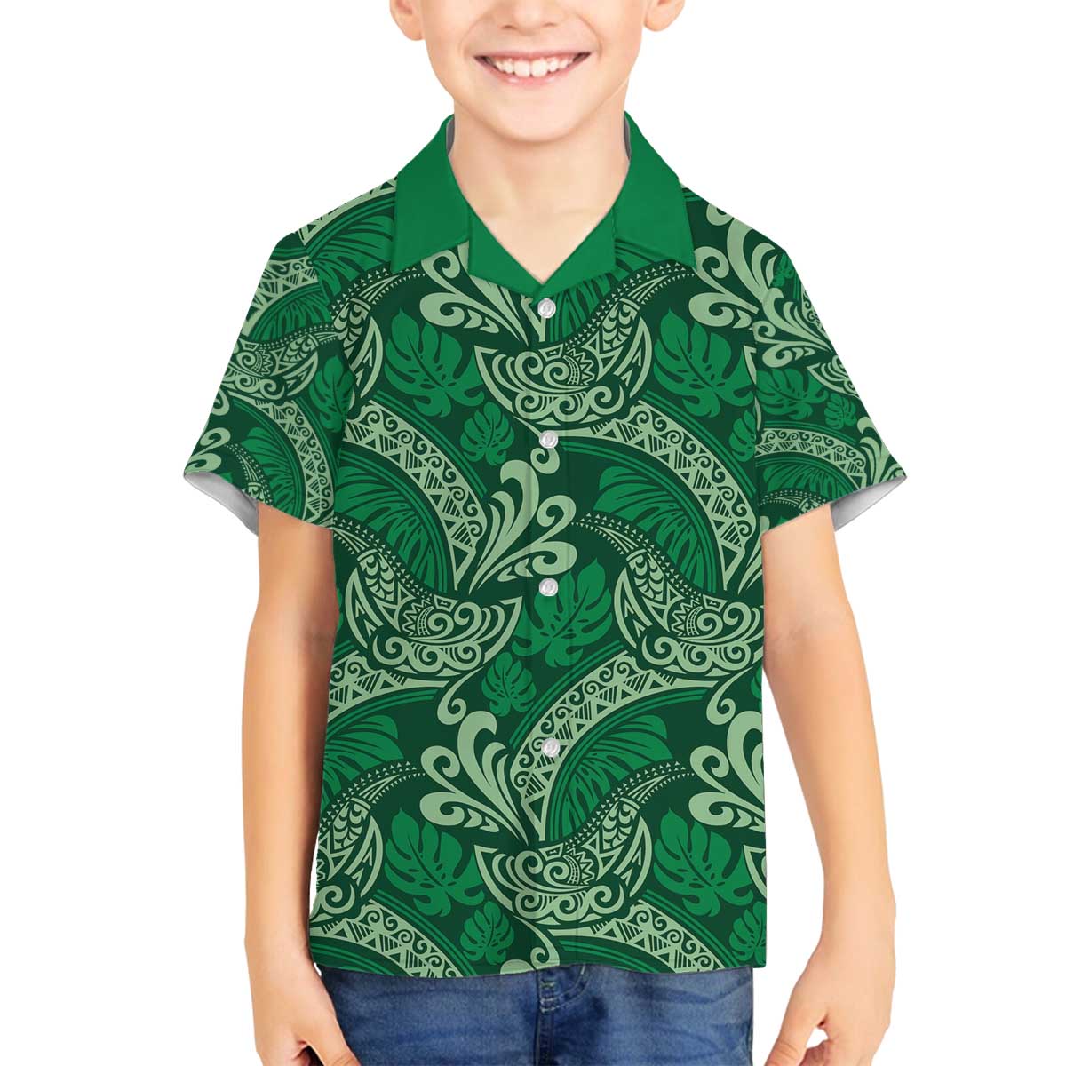 Forest Green Monstera Family Matching Off The Shoulder Long Sleeve Dress and Hawaiian Shirt Polynesian Tribal Pattern - Polynesian Pride