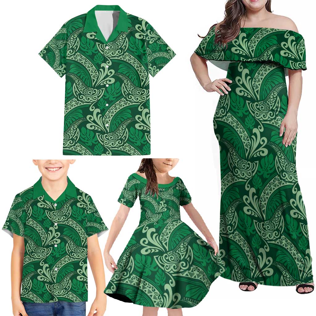 Forest Green Monstera Family Matching Off Shoulder Maxi Dress and Hawaiian Shirt Polynesian Tribal Pattern - Polynesian Pride