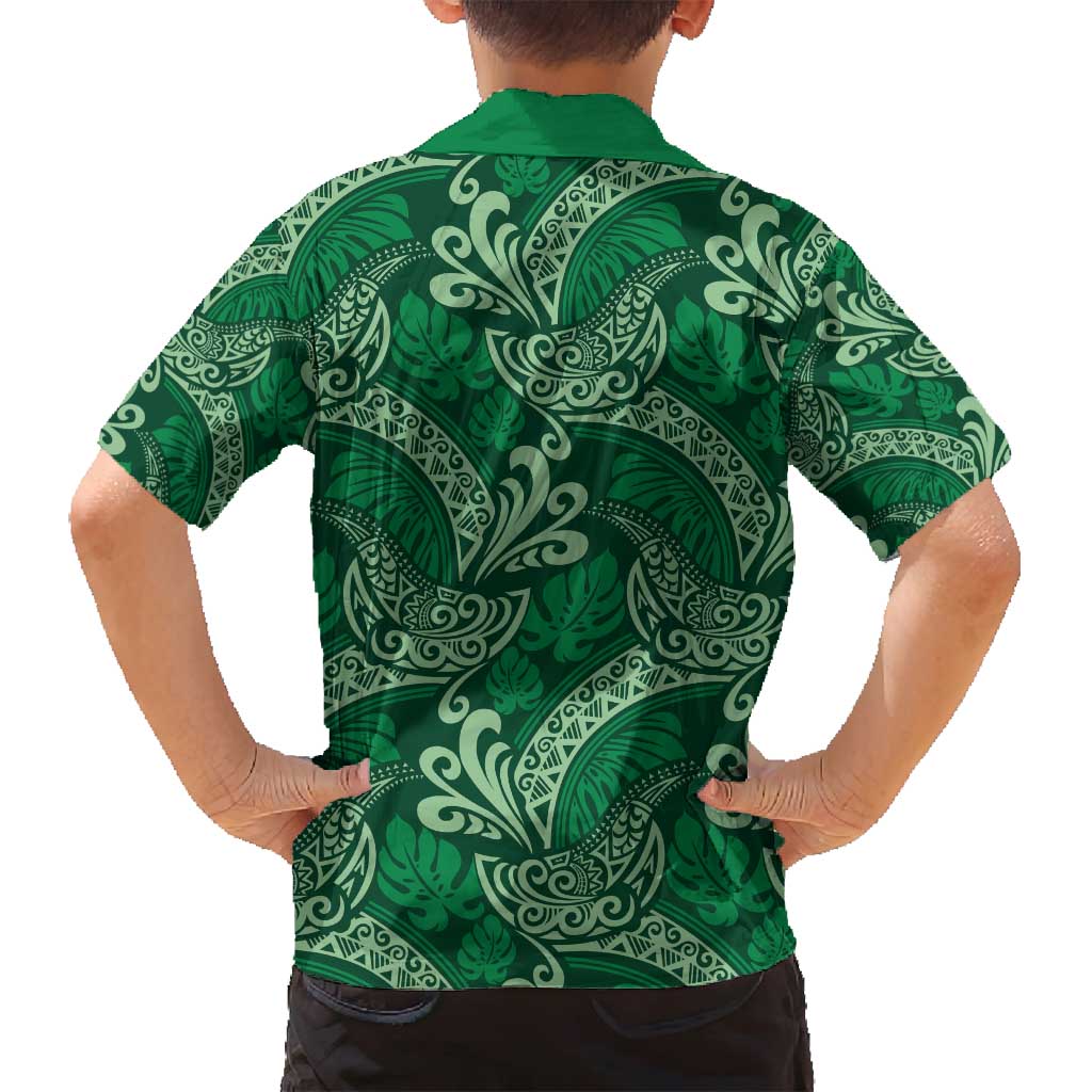 Forest Green Monstera Family Matching Off Shoulder Short Dress and Hawaiian Shirt Polynesian Tribal Pattern - Polynesian Pride