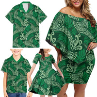 Forest Green Monstera Family Matching Off Shoulder Short Dress and Hawaiian Shirt Polynesian Tribal Pattern - Polynesian Pride