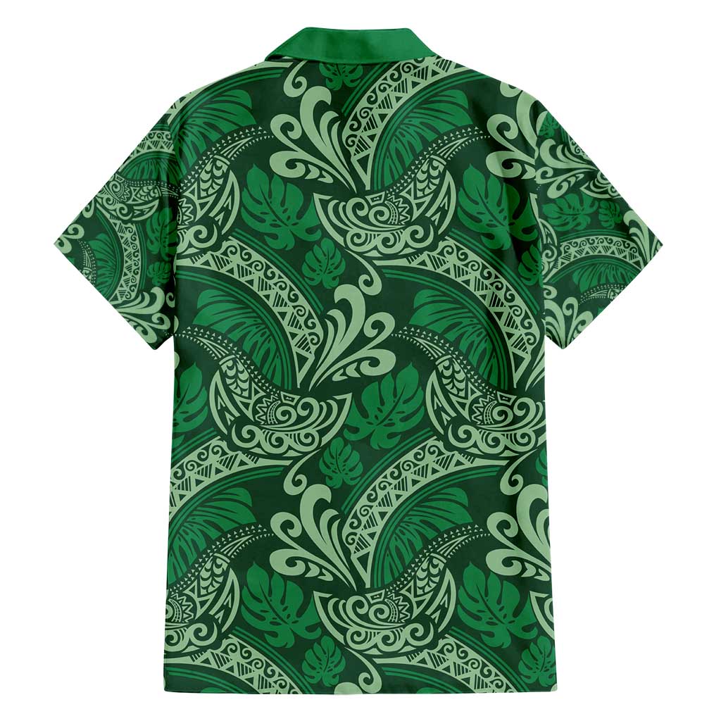 Forest Green Monstera Family Matching Off Shoulder Short Dress and Hawaiian Shirt Polynesian Tribal Pattern - Polynesian Pride
