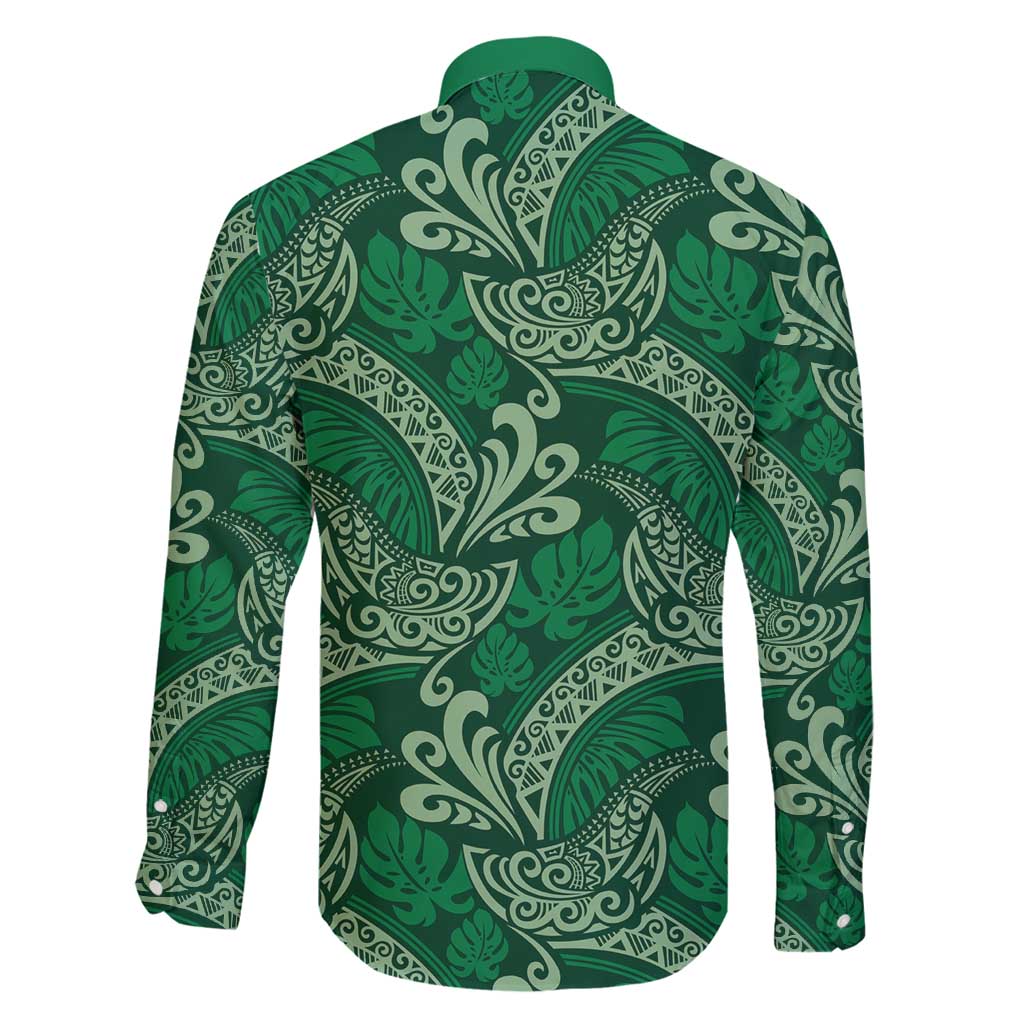 Forest Green Monstera Family Matching Off Shoulder Short Dress and Hawaiian Shirt Polynesian Tribal Pattern - Polynesian Pride