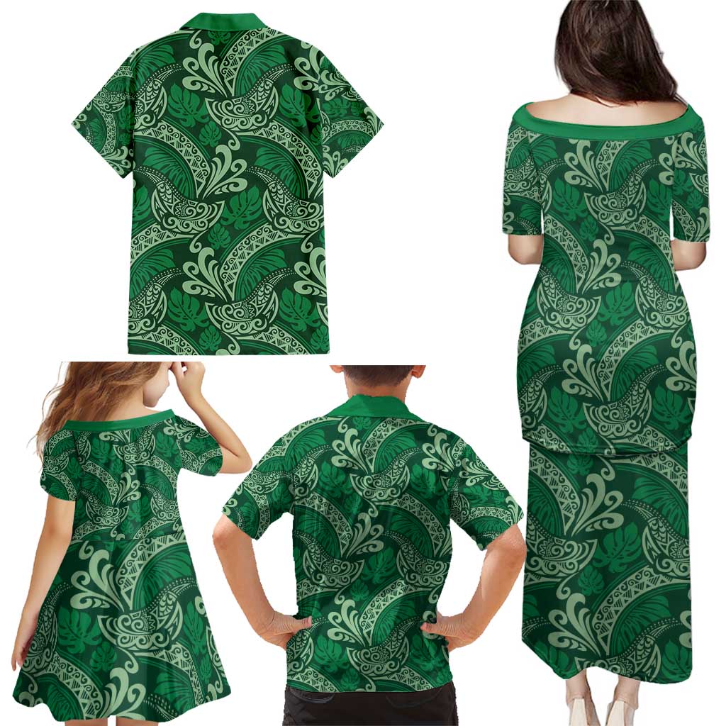 Forest Green Monstera Family Matching Puletasi and Hawaiian Shirt Polynesian Tribal Pattern LT01 - Polynesian Pride