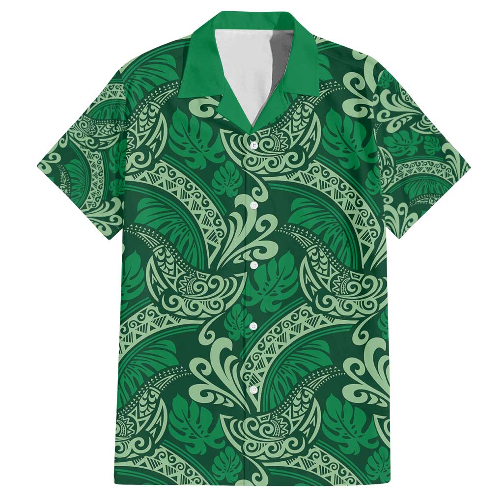 Forest Green Monstera Family Matching Puletasi and Hawaiian Shirt Polynesian Tribal Pattern LT01 Dad's Shirt - Short Sleeve Green - Polynesian Pride
