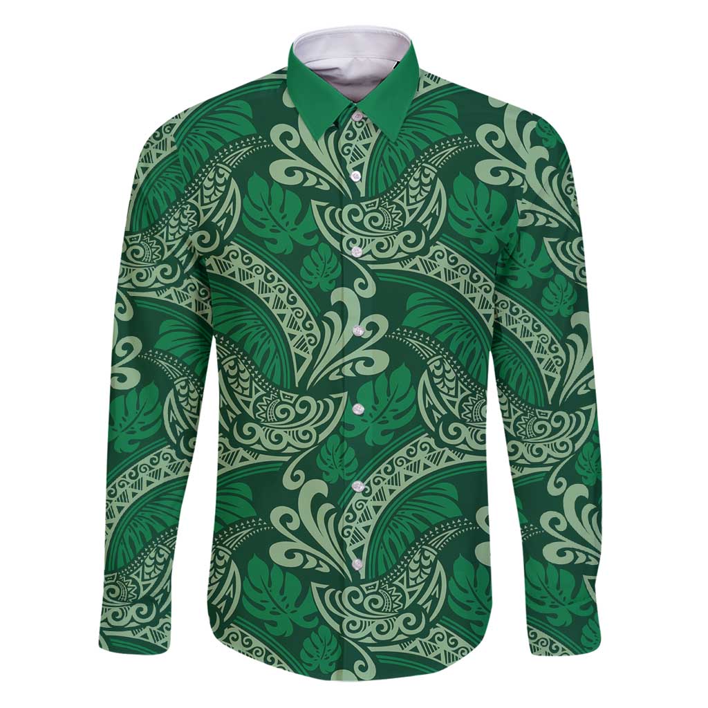 Forest Green Monstera Family Matching Puletasi and Hawaiian Shirt Polynesian Tribal Pattern LT01 Dad's Shirt - Long Sleeve Green - Polynesian Pride