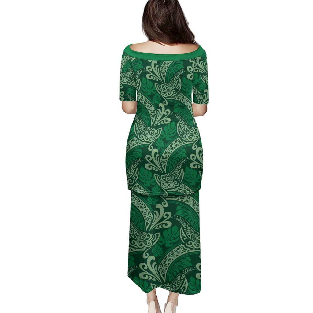 Forest Green Monstera Family Matching Puletasi and Hawaiian Shirt Polynesian Tribal Pattern LT01 - Polynesian Pride