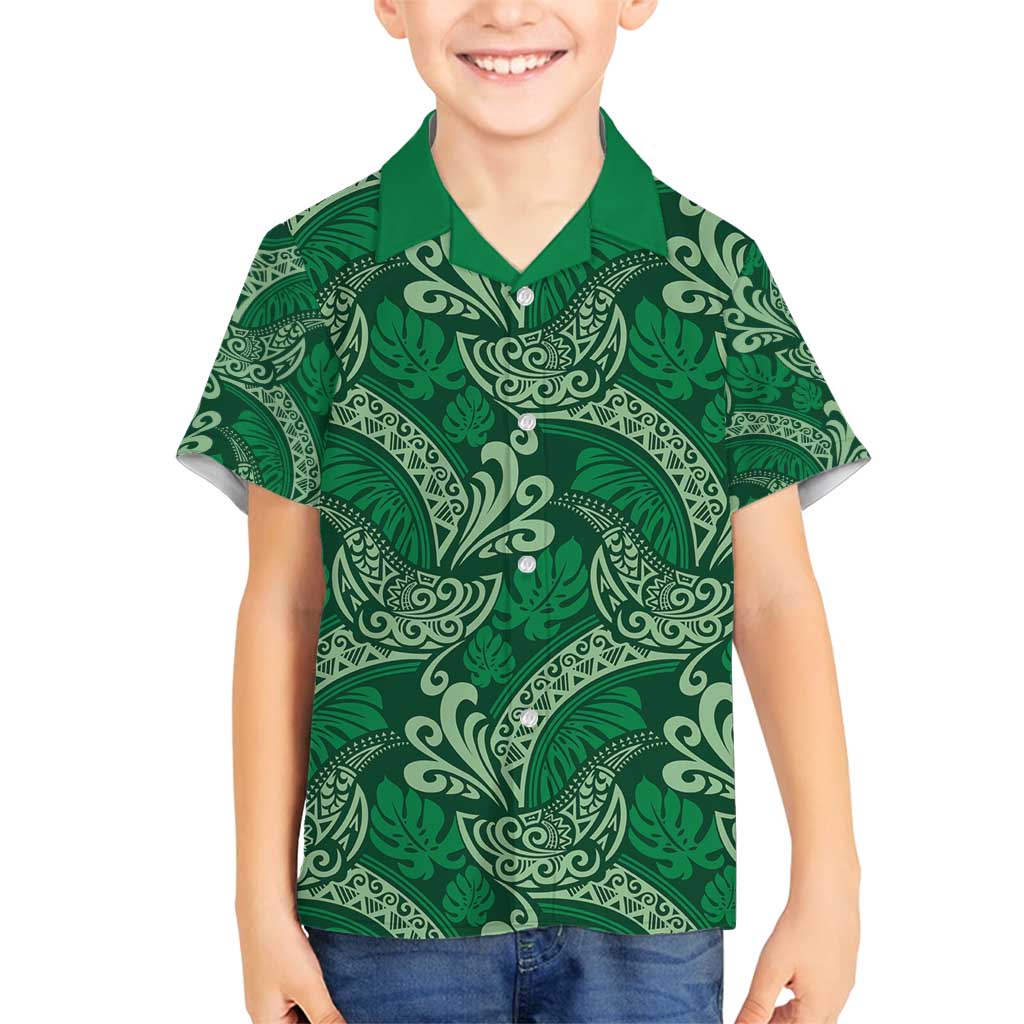 Forest Green Monstera Family Matching Puletasi and Hawaiian Shirt Polynesian Tribal Pattern LT01 Son's Shirt Green - Polynesian Pride