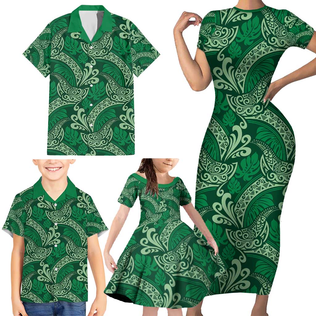 Forest Green Monstera Family Matching Short Sleeve Bodycon Dress and Hawaiian Shirt Polynesian Tribal Pattern - Polynesian Pride
