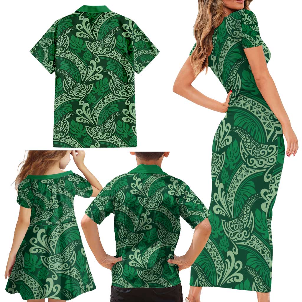 Forest Green Monstera Family Matching Short Sleeve Bodycon Dress and Hawaiian Shirt Polynesian Tribal Pattern - Polynesian Pride