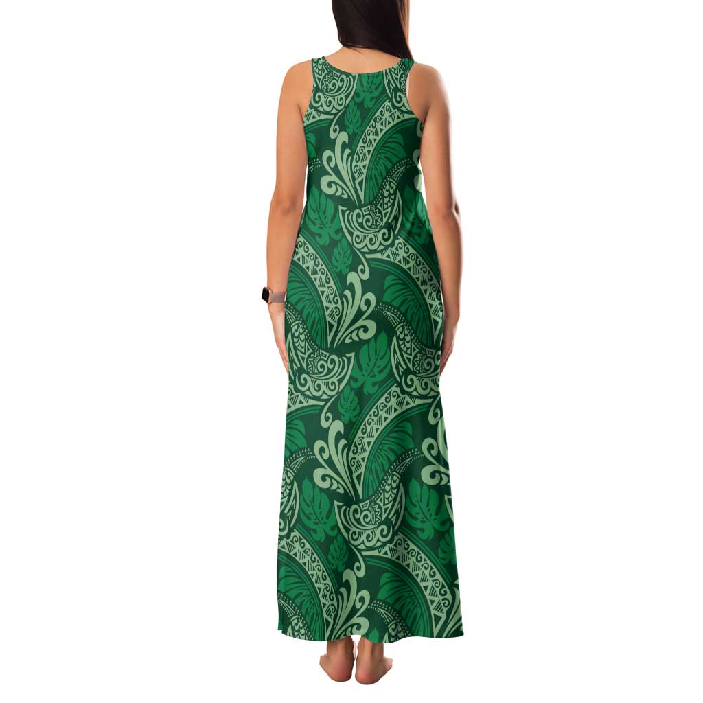 Forest Green Monstera Family Matching Tank Maxi Dress and Hawaiian Shirt Polynesian Tribal Pattern - Polynesian Pride