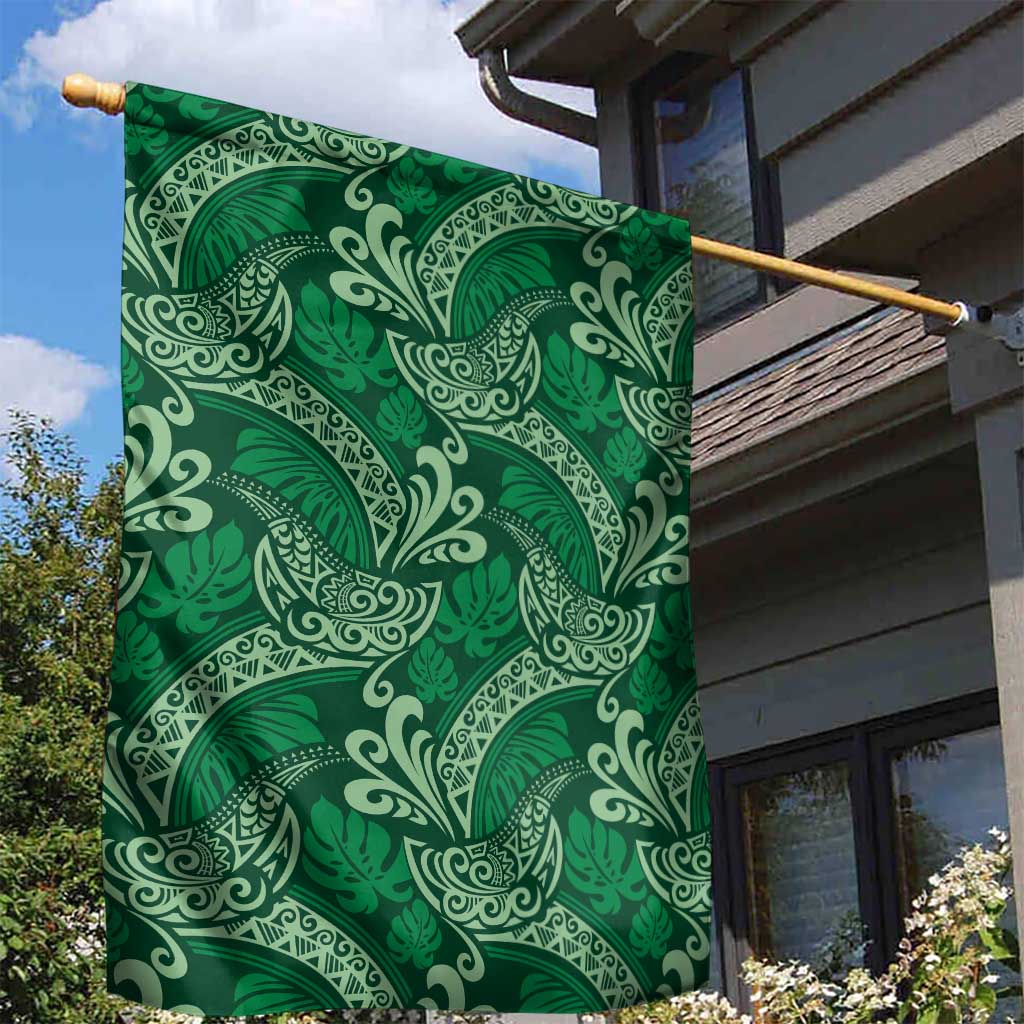 Forest Green Monstera Garden Flag Polynesian Tribal Pattern - Polynesian Pride