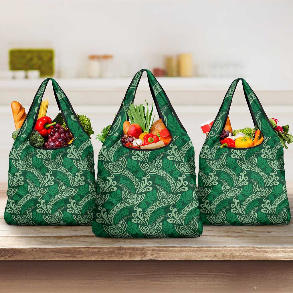 Forest Green Monstera Grocery Bag Polynesian Tribal Pattern - Polynesian Pride
