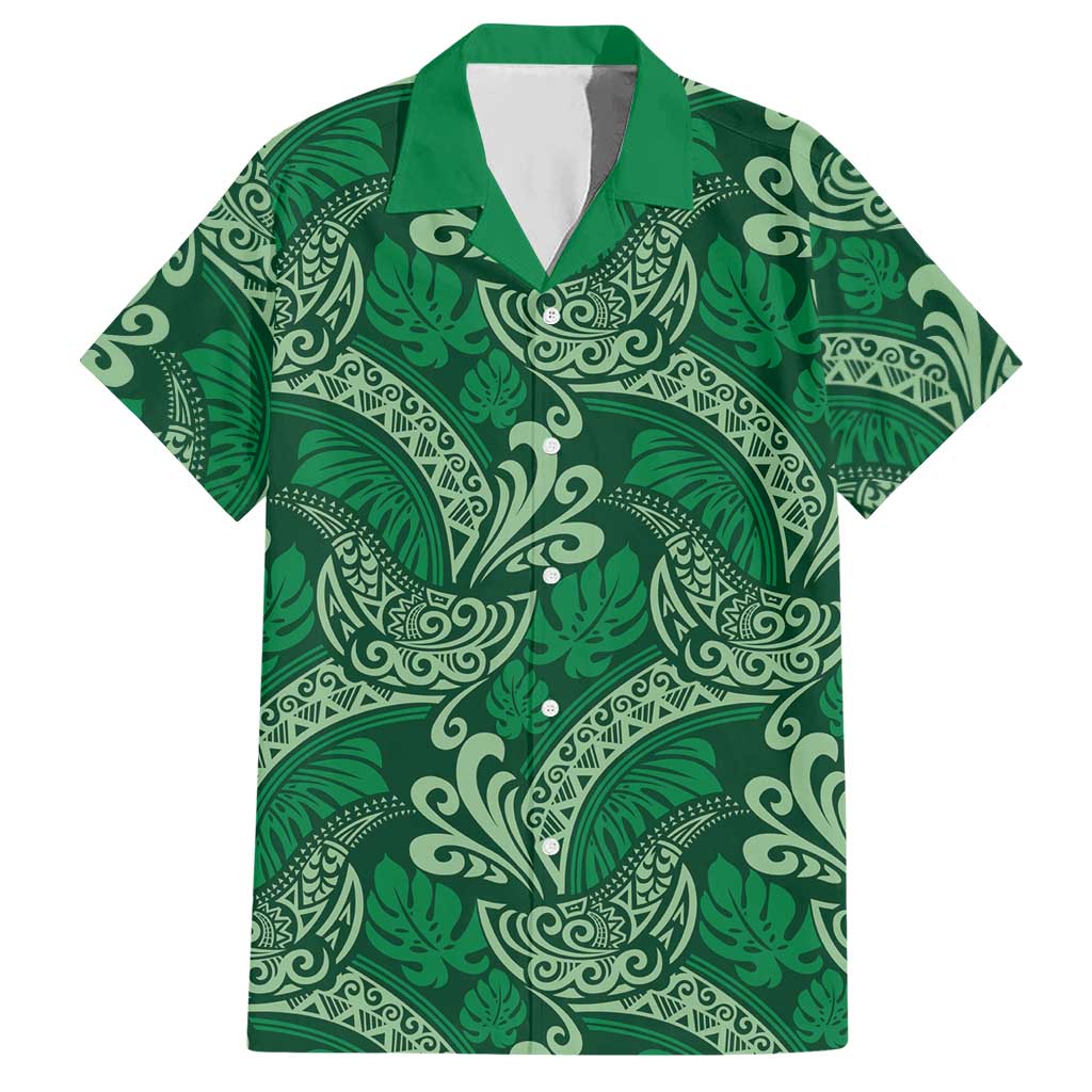 Forest Green Monstera Hawaiian Shirt Polynesian Tribal Pattern - Polynesian Pride