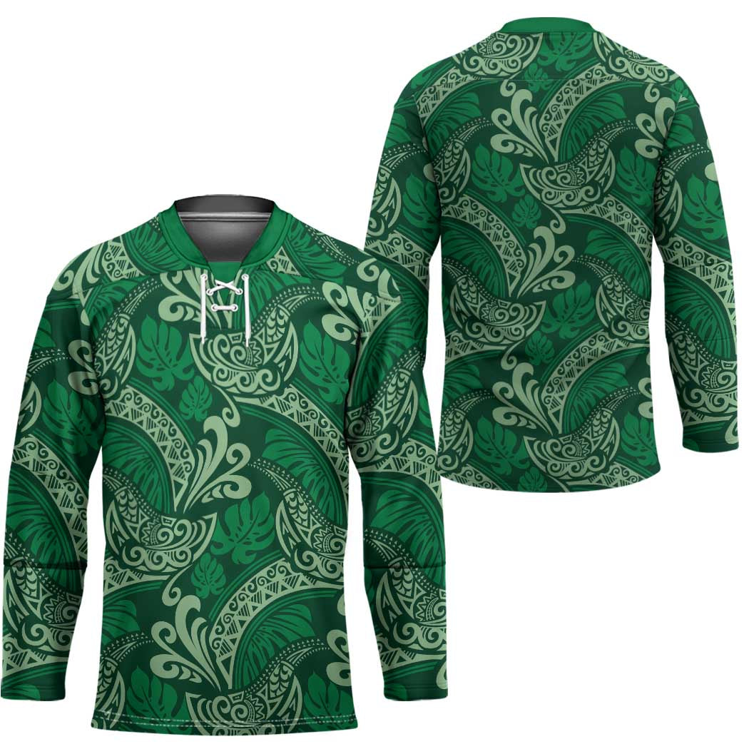 Forest Green Monstera Hockey Jersey Polynesian Tribal Pattern - Polynesian Pride