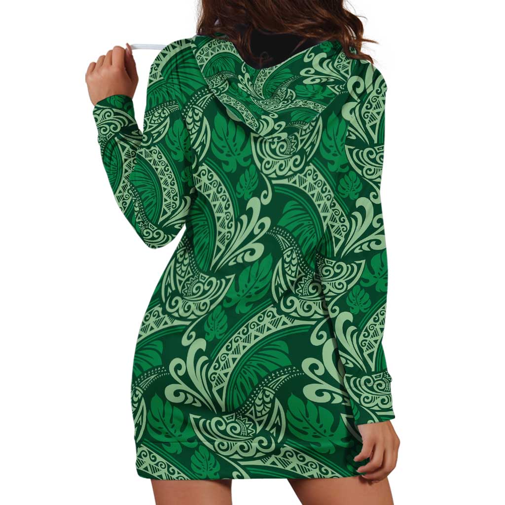 Forest Green Monstera Hoodie Dress Polynesian Tribal Pattern LT01 - Polynesian Pride
