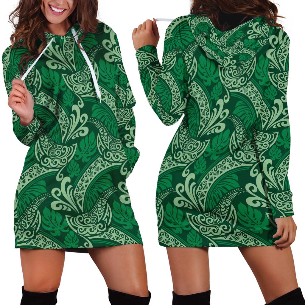 Forest Green Monstera Hoodie Dress Polynesian Tribal Pattern LT01 - Polynesian Pride