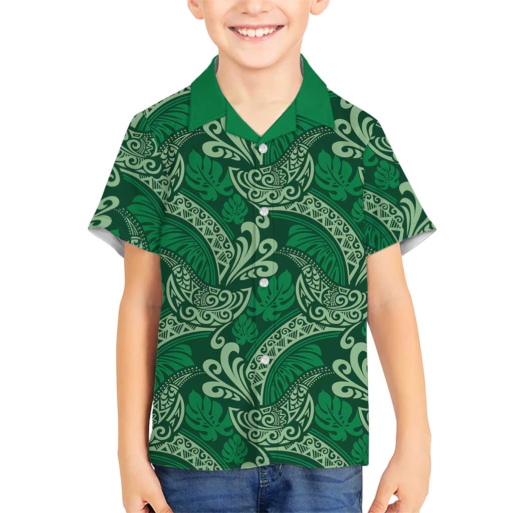 Forest Green Monstera Kid Hawaiian Shirt Polynesian Tribal Pattern LT01 Kid Green - Polynesian Pride