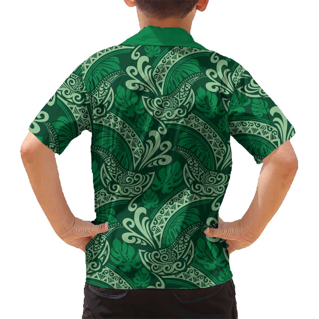 Forest Green Monstera Kid Hawaiian Shirt Polynesian Tribal Pattern LT01 - Polynesian Pride