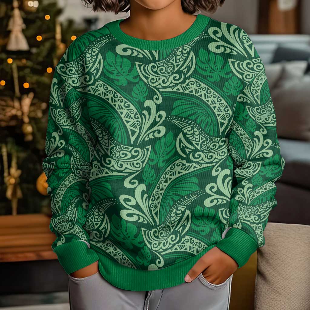 Forest Green Monstera Kid Ugly Christmas Sweater Polynesian Tribal Pattern LT01 - Polynesian Pride