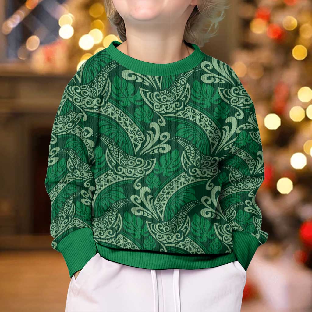Forest Green Monstera Kid Ugly Christmas Sweater Polynesian Tribal Pattern LT01 - Polynesian Pride