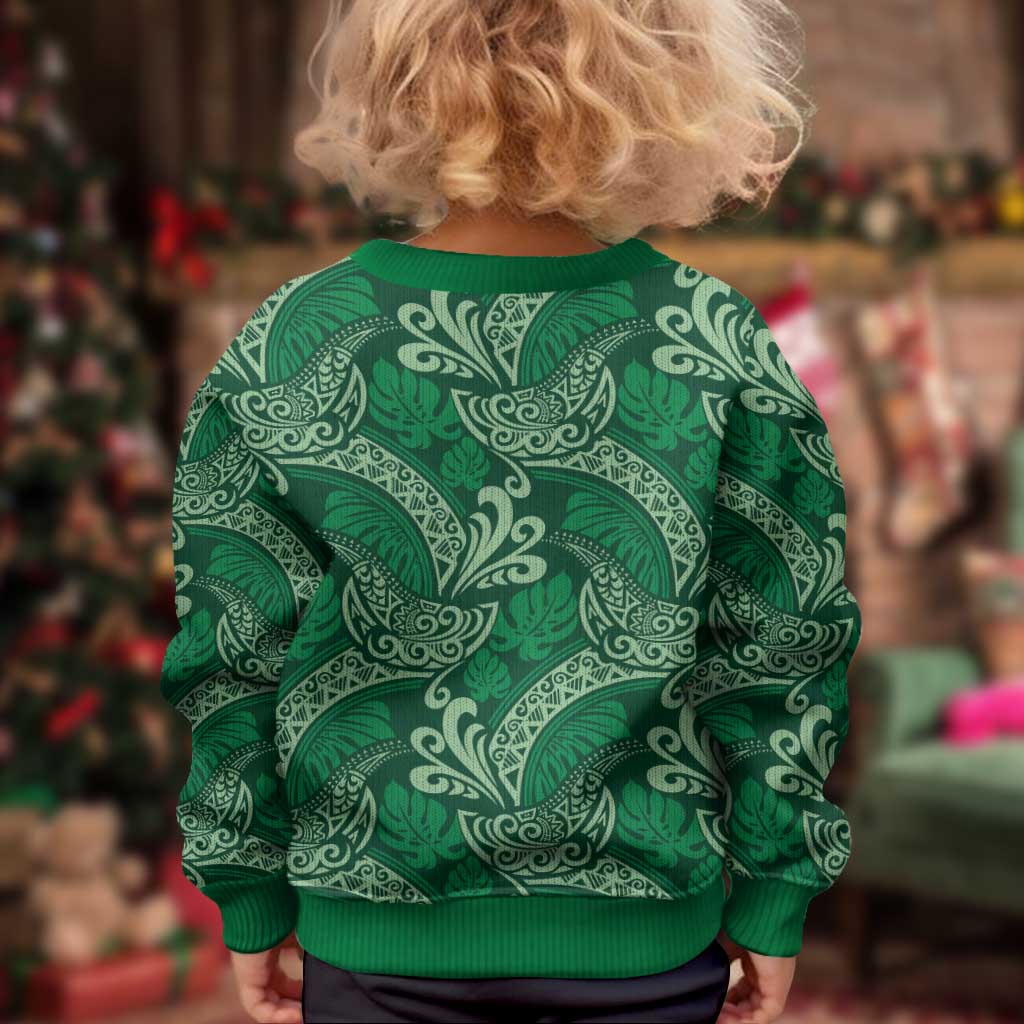 Forest Green Monstera Kid Ugly Christmas Sweater Polynesian Tribal Pattern LT01 - Polynesian Pride