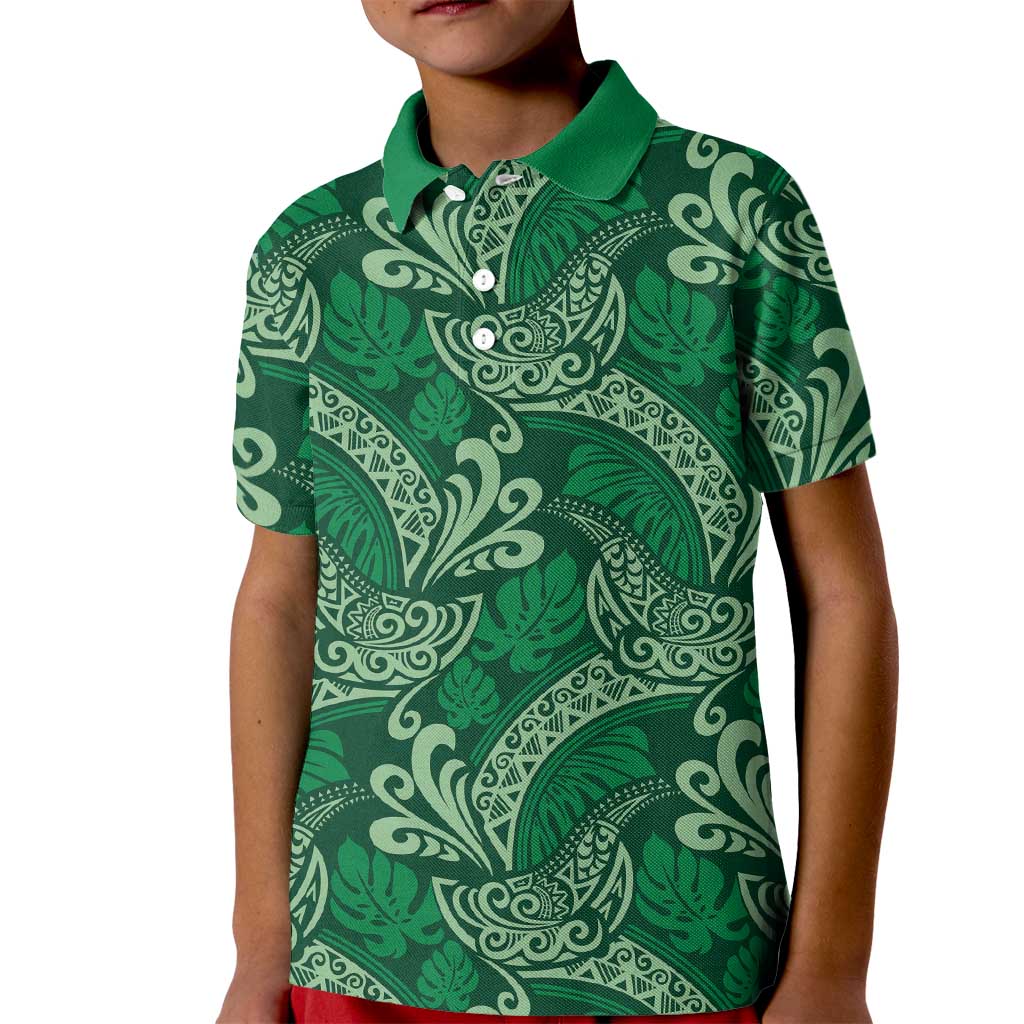 Forest Green Monstera Kid Polo Shirt Polynesian Tribal Pattern LT01 Kid Green - Polynesian Pride