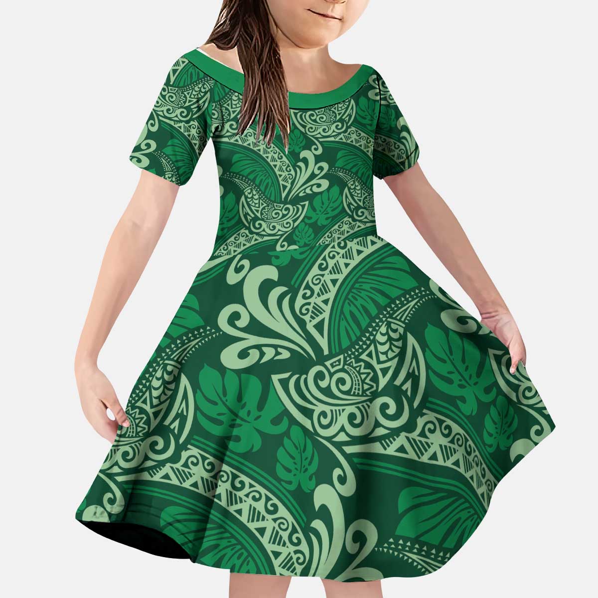 Forest Green Monstera Kid Short Sleeve Dress Polynesian Tribal Pattern LT01 KID Green - Polynesian Pride