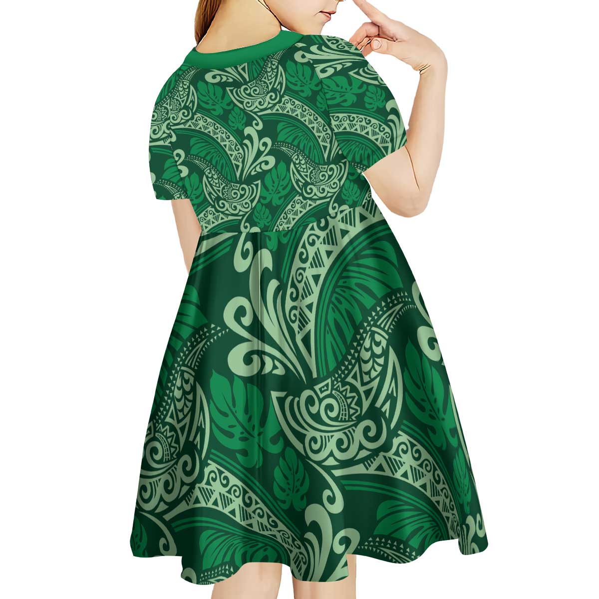 Forest Green Monstera Kid Short Sleeve Dress Polynesian Tribal Pattern LT01 - Polynesian Pride