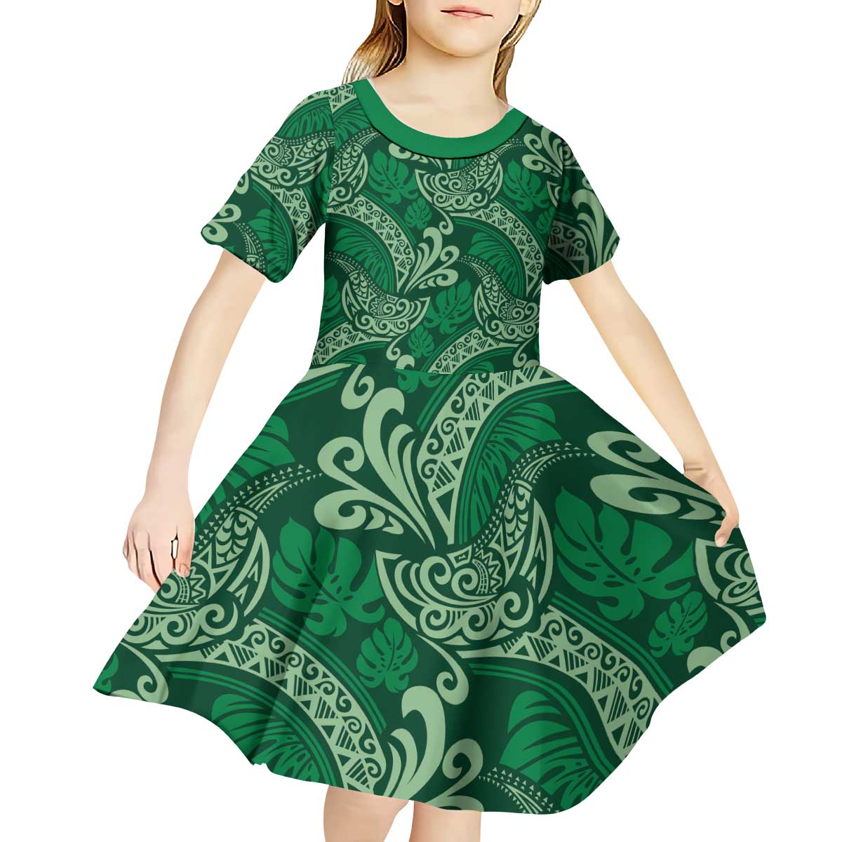 Forest Green Monstera Kid Short Sleeve Dress Polynesian Tribal Pattern LT01 - Polynesian Pride