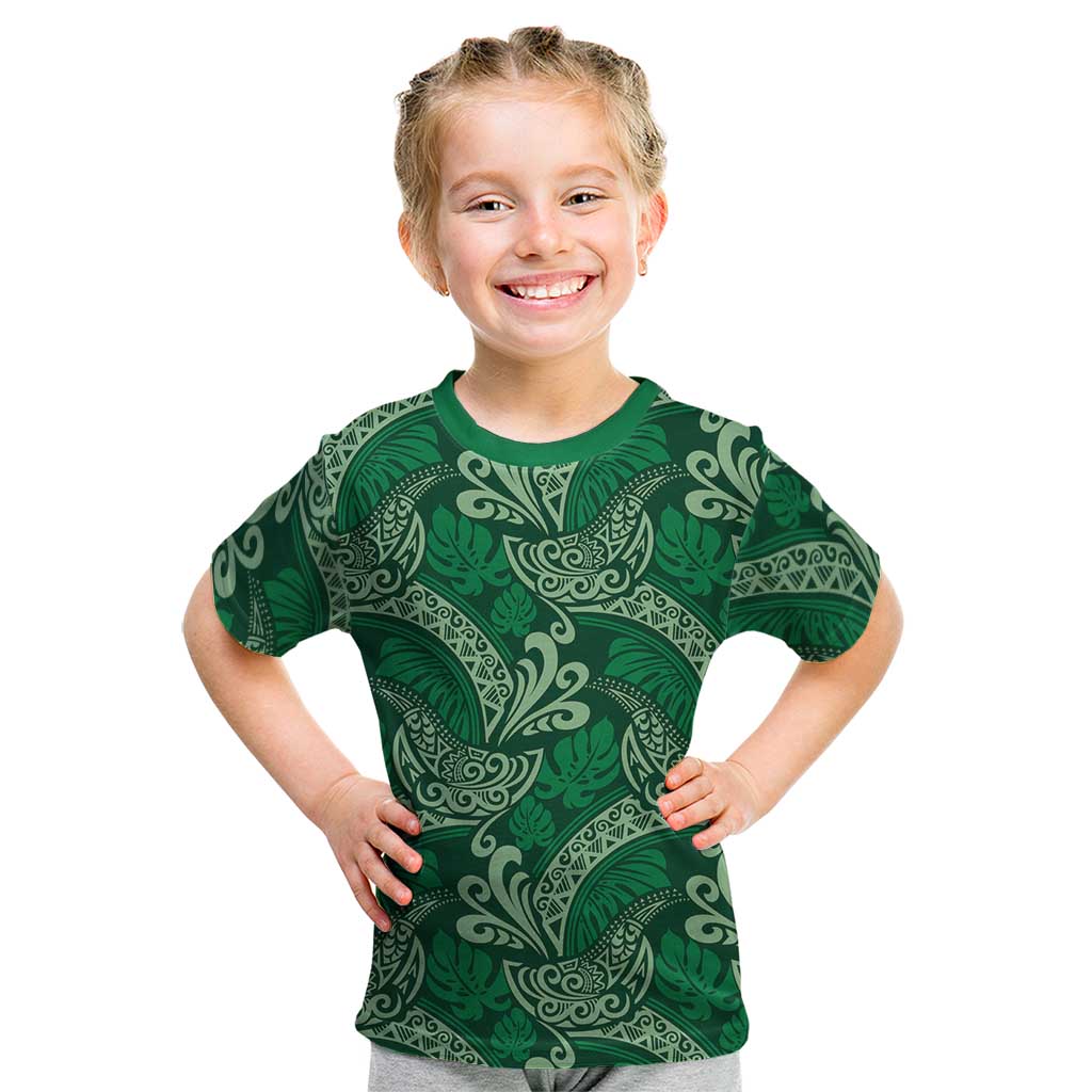 Forest Green Monstera Kid T Shirt Polynesian Tribal Pattern LT01 Green - Polynesian Pride