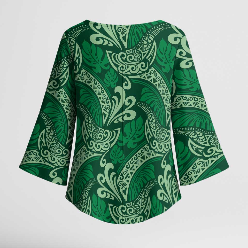 Forest Green Monstera Kimono Sleeve Blouse Polynesian Tribal Pattern LT01 - Polynesian Pride