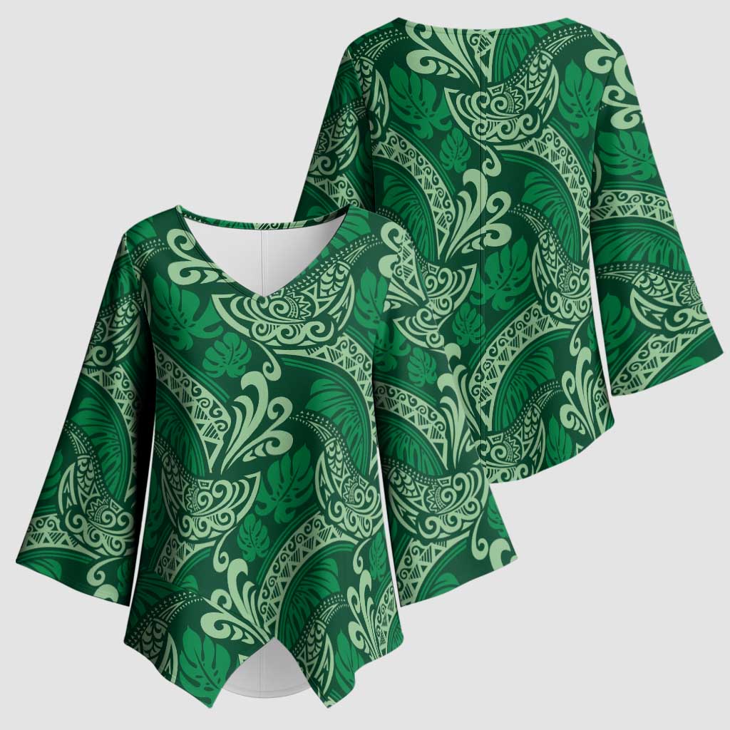 Forest Green Monstera Kimono Sleeve Blouse Polynesian Tribal Pattern LT01 - Polynesian Pride