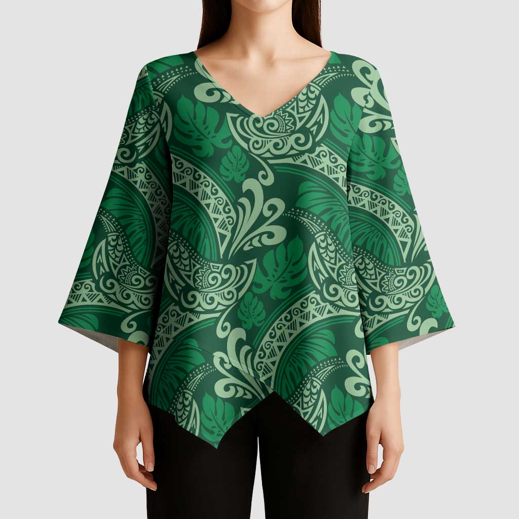 Forest Green Monstera Kimono Sleeve Blouse Polynesian Tribal Pattern LT01 - Polynesian Pride