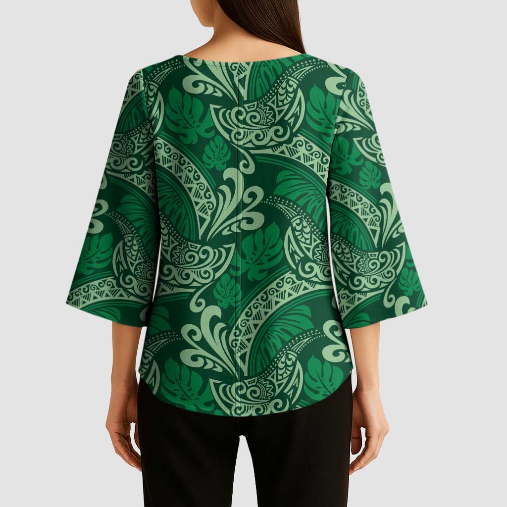Forest Green Monstera Kimono Sleeve Blouse Polynesian Tribal Pattern LT01 - Polynesian Pride