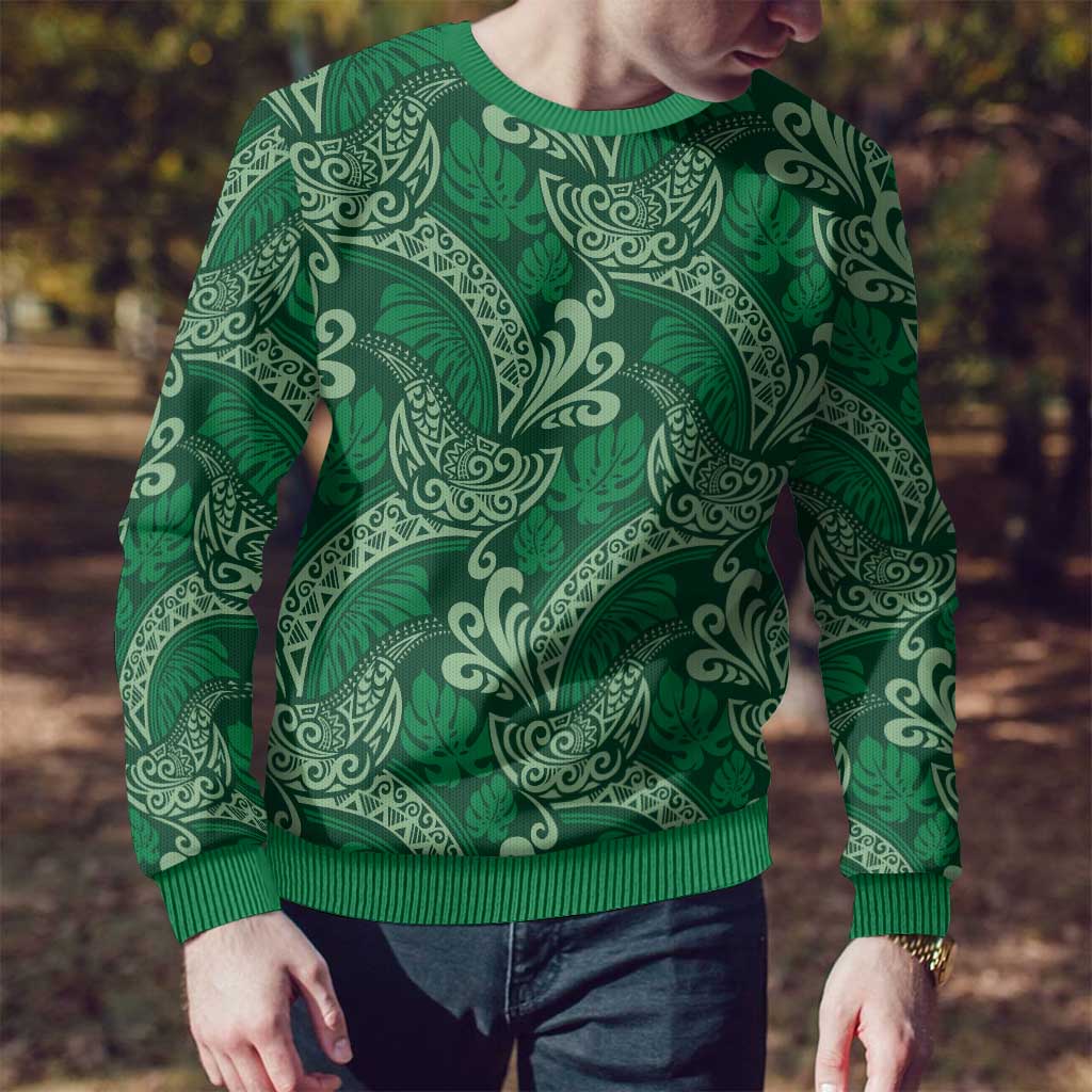 Forest Green Monstera Ugly Christmas Sweater Polynesian Tribal Pattern - Polynesian Pride