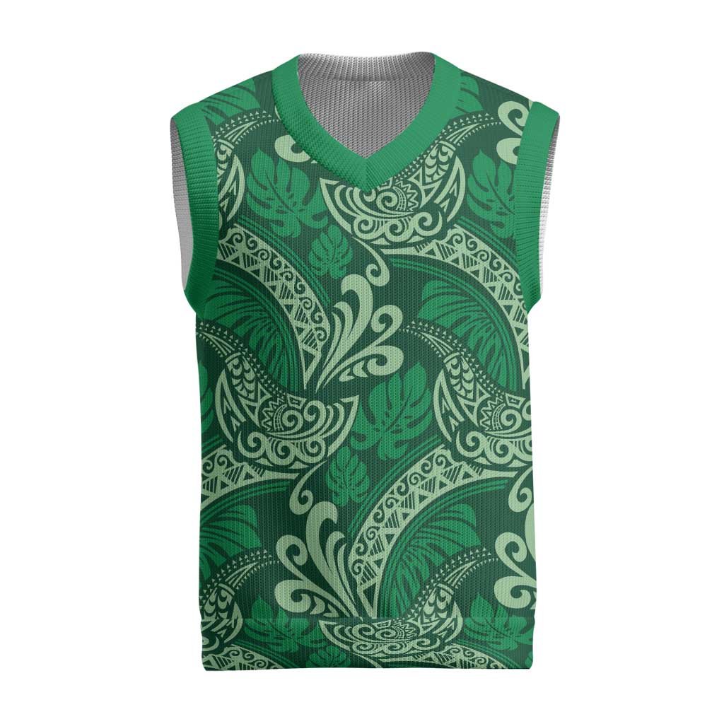 Forest Green Monstera Christmas Knitted V-Neck Vest Polynesian Tribal Pattern LT01 Green - Polynesian Pride