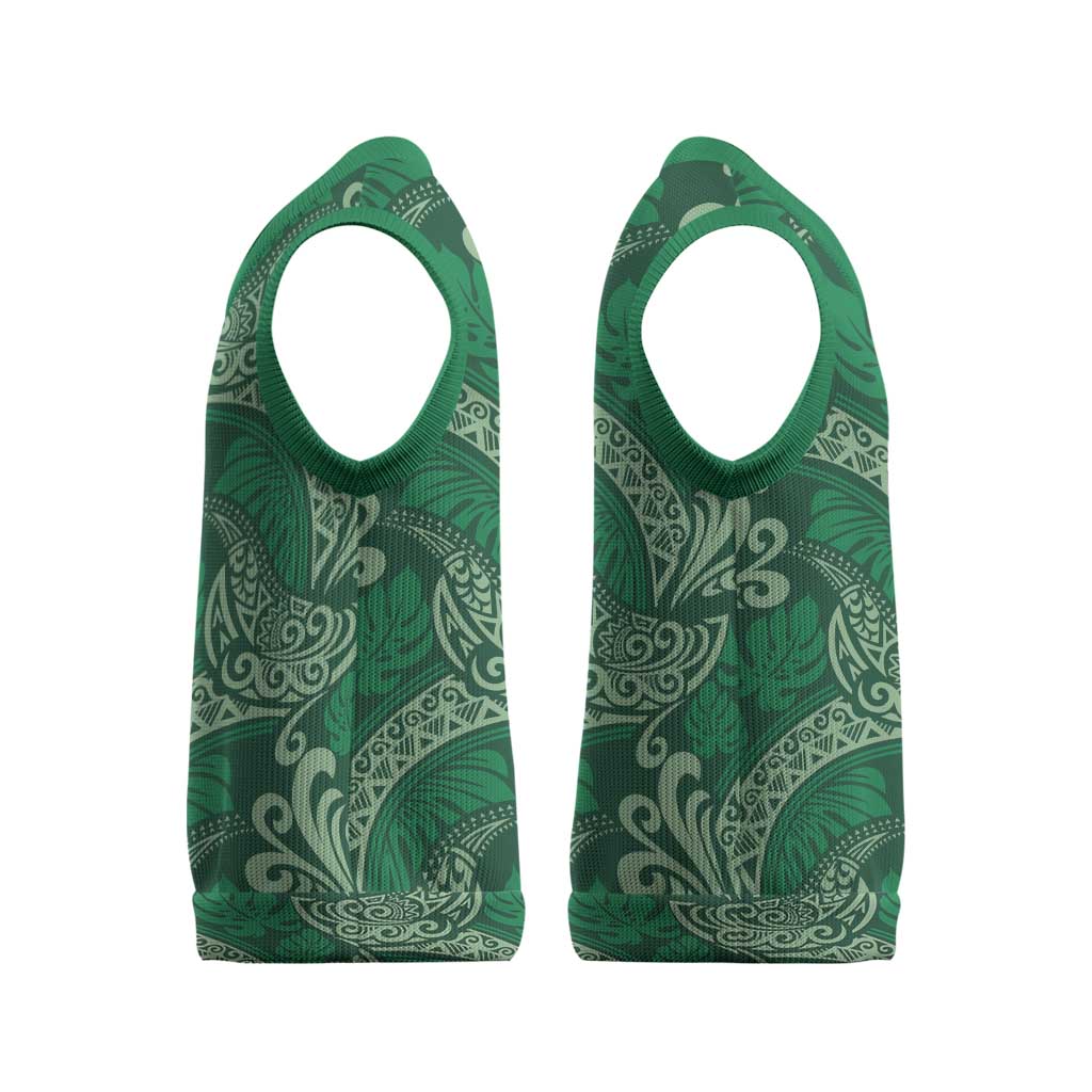 Forest Green Monstera Christmas Knitted V-Neck Vest Polynesian Tribal Pattern LT01 - Polynesian Pride
