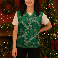 Forest Green Monstera Christmas Knitted V-Neck Vest Polynesian Tribal Pattern LT01 - Polynesian Pride