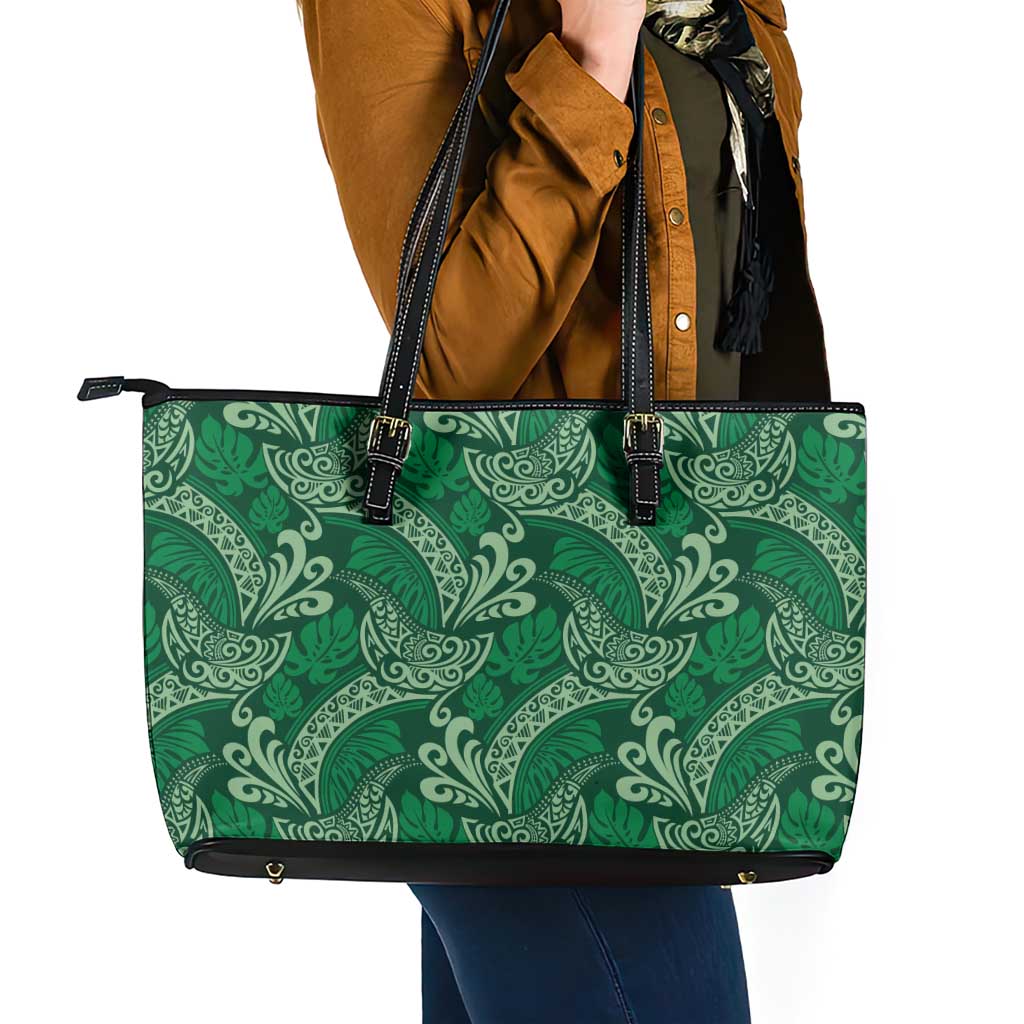 Forest Green Monstera Leather Tote Bag Polynesian Tribal Pattern - Polynesian Pride