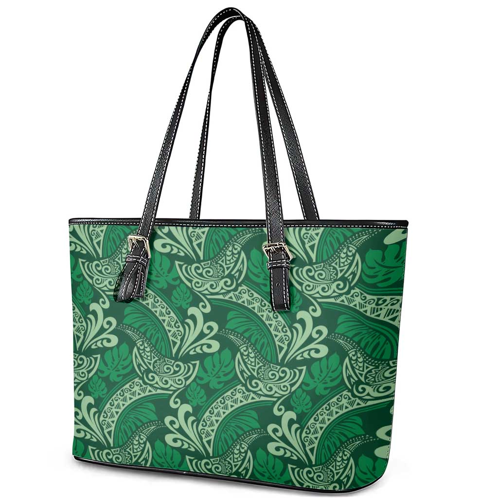 Forest Green Monstera Leather Tote Bag Polynesian Tribal Pattern - Polynesian Pride