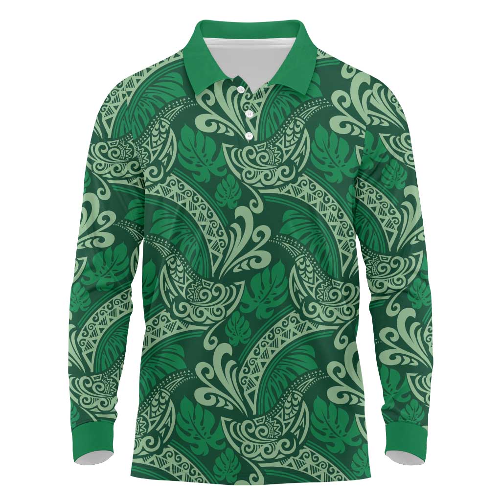 Forest Green Monstera Long Sleeve Polo Shirt Polynesian Tribal Pattern LT01 Green - Polynesian Pride