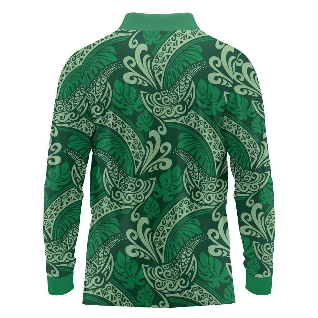 Forest Green Monstera Long Sleeve Polo Shirt Polynesian Tribal Pattern LT01 - Polynesian Pride
