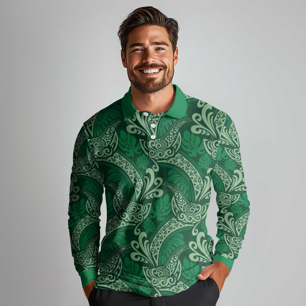 Forest Green Monstera Long Sleeve Polo Shirt Polynesian Tribal Pattern LT01 - Polynesian Pride