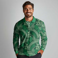 Forest Green Monstera Long Sleeve Polo Shirt Polynesian Tribal Pattern LT01 - Polynesian Pride