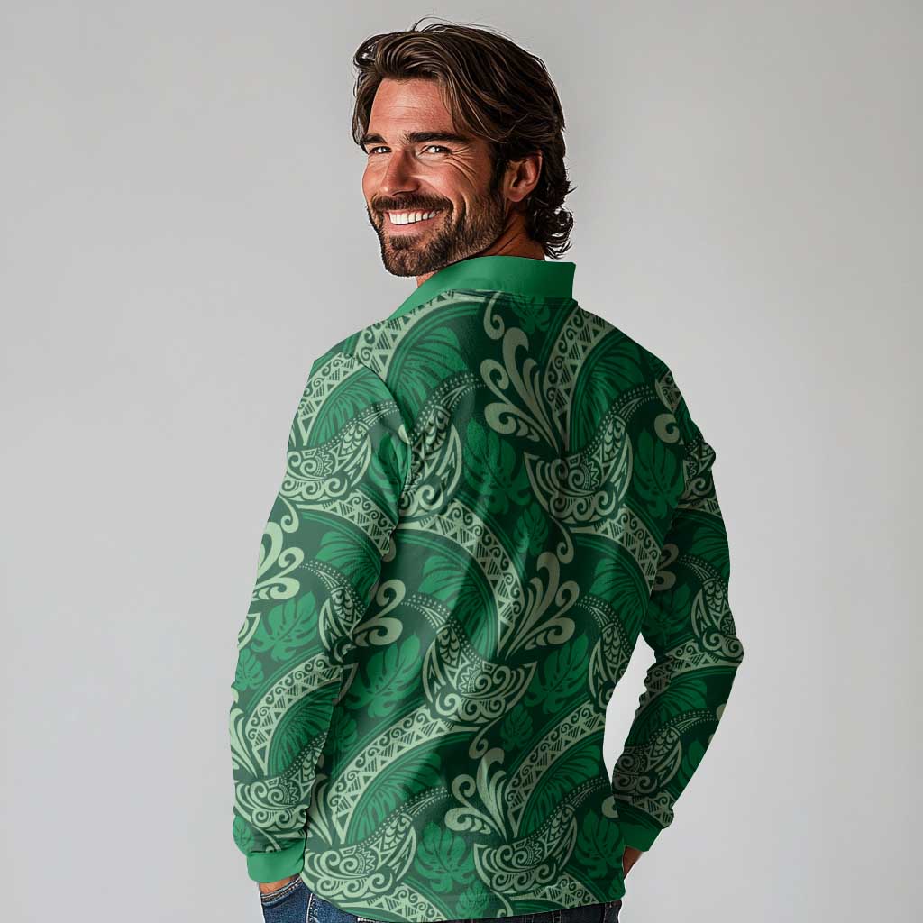 Forest Green Monstera Long Sleeve Polo Shirt Polynesian Tribal Pattern LT01 - Polynesian Pride