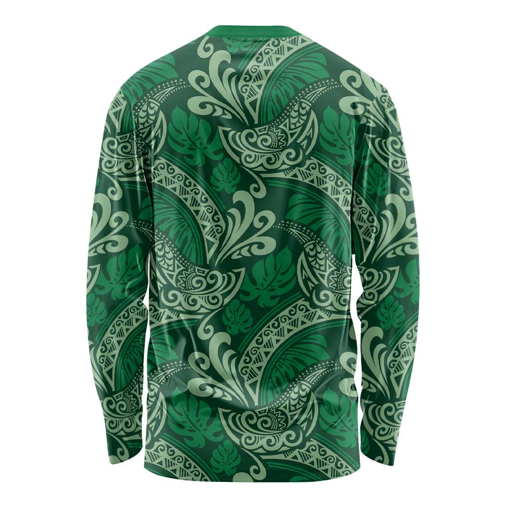 Forest Green Monstera Long Sleeve Shirt Polynesian Tribal Pattern LT01 - Polynesian Pride