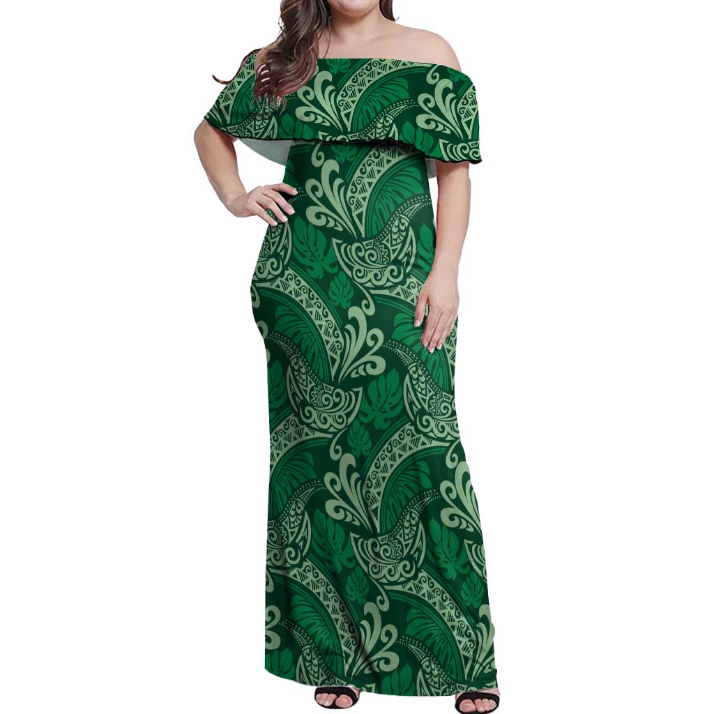 Forest Green Monstera Off Shoulder Maxi Dress Polynesian Tribal Pattern LT01 Women Green - Polynesian Pride