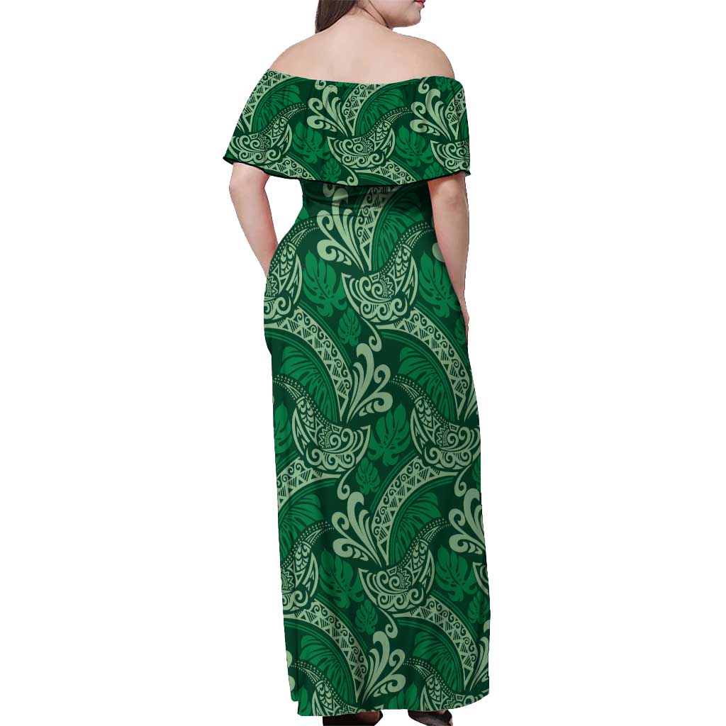Forest Green Monstera Off Shoulder Maxi Dress Polynesian Tribal Pattern LT01 - Polynesian Pride