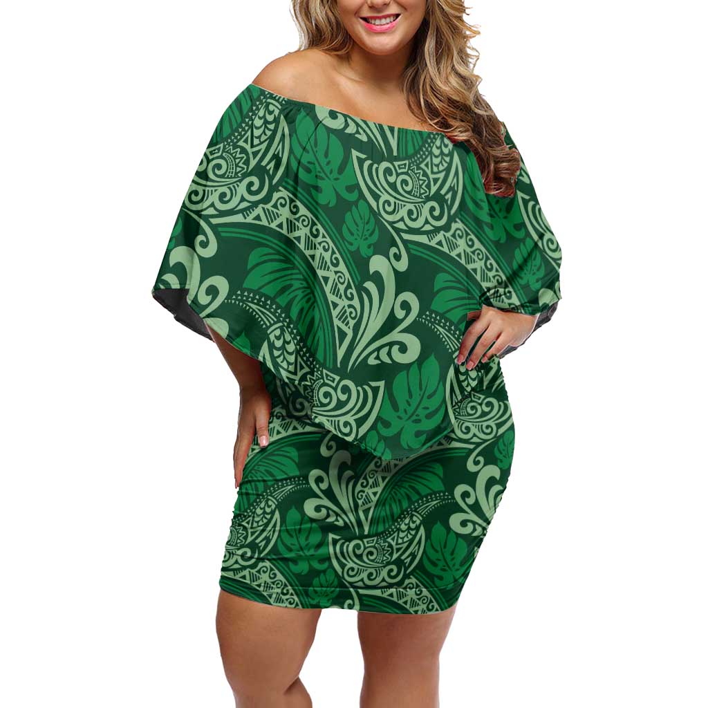 Forest Green Monstera Off Shoulder Short Dress Polynesian Tribal Pattern LT01 Women Green - Polynesian Pride